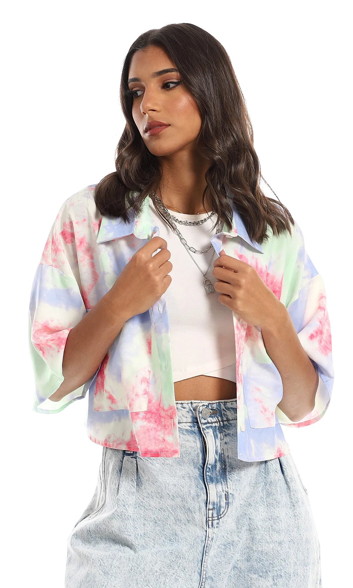 97491 Colorful Tie Dye Cropped Shirt - Multicolour