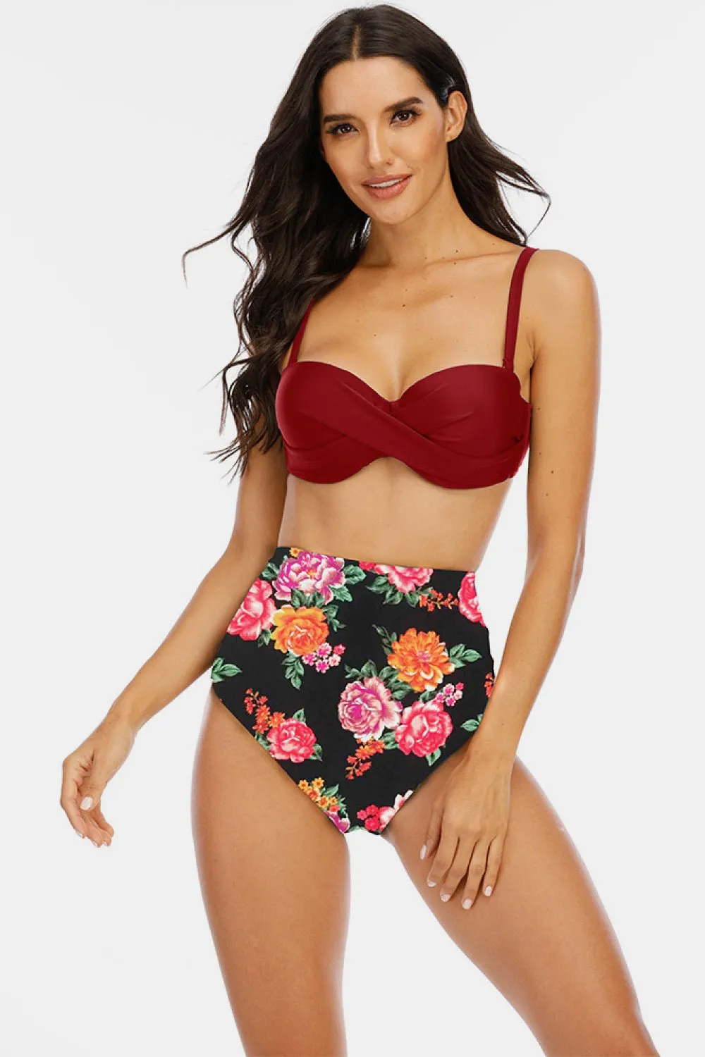 Adriana Printed High Waist Plus Size Crisscross Spaghetti Strap DD  Bikini Set