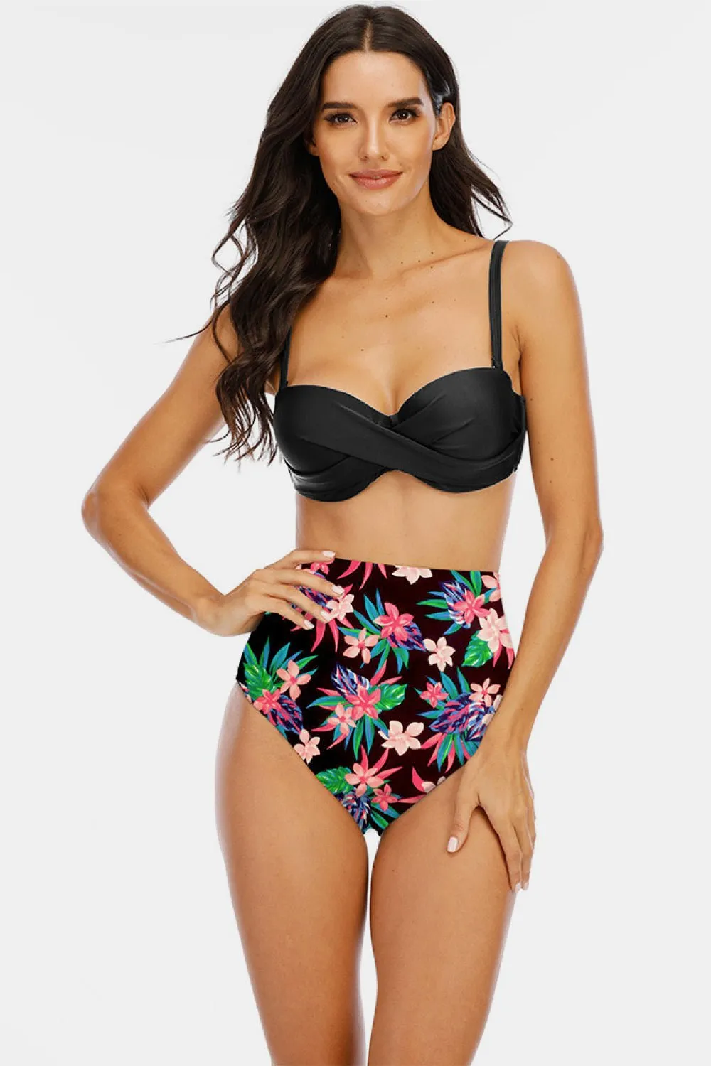 Adriana Printed High Waist Plus Size Crisscross Spaghetti Strap DD  Bikini Set