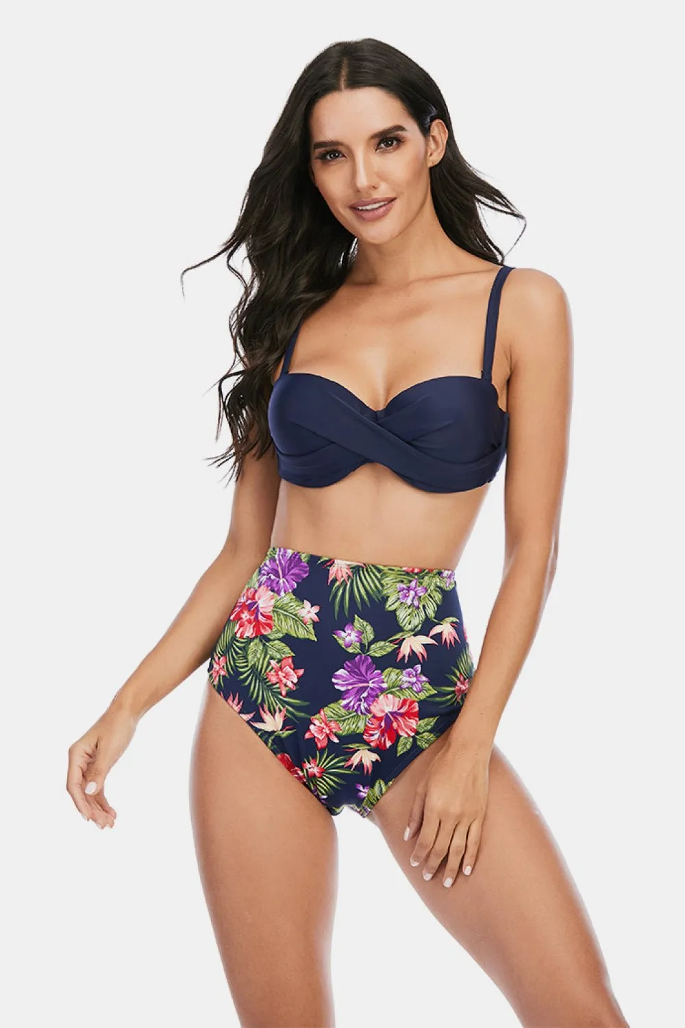 Adriana Printed High Waist Plus Size Crisscross Spaghetti Strap DD  Bikini Set