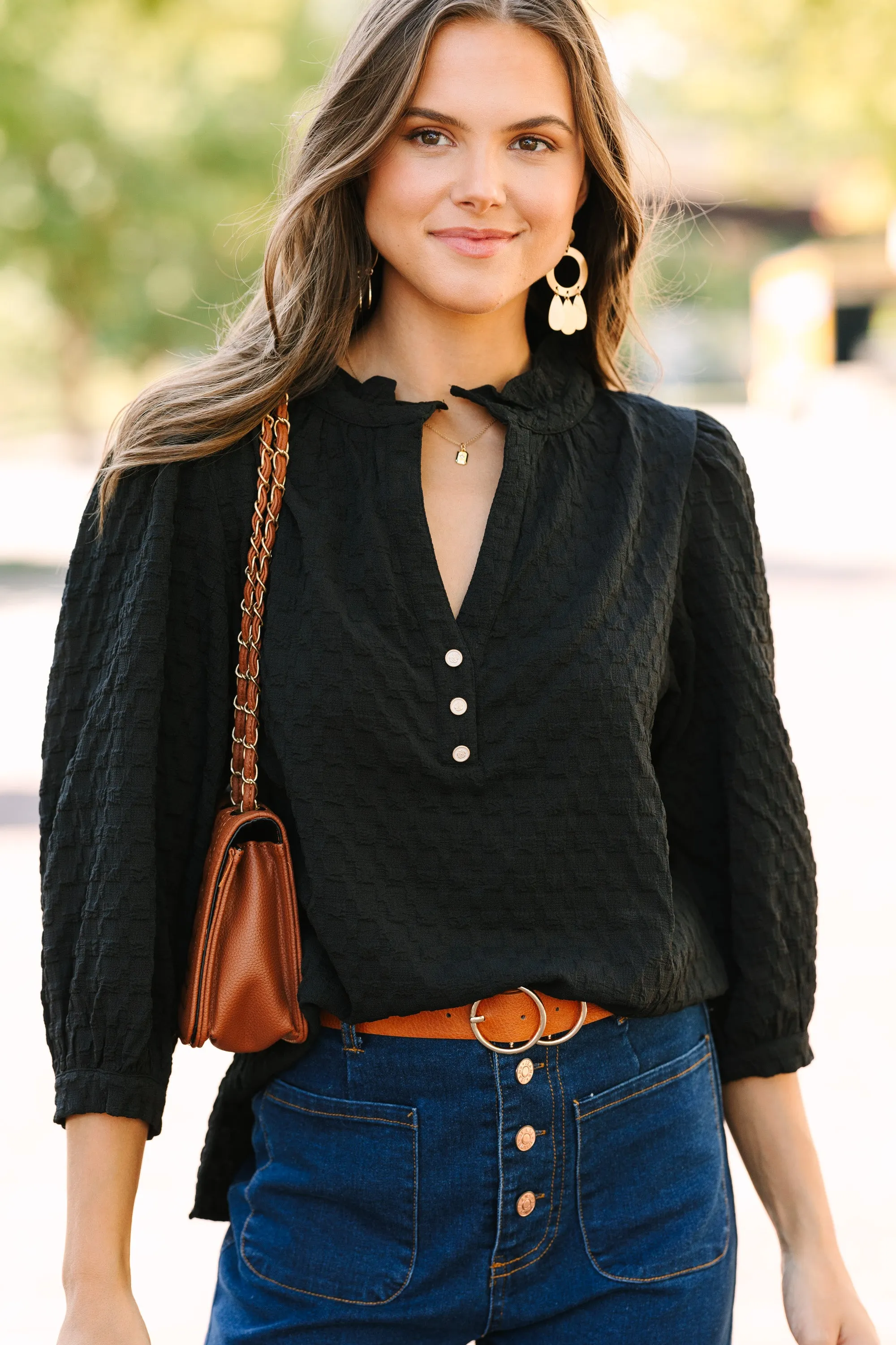 All Up To You Black Textured Blouse