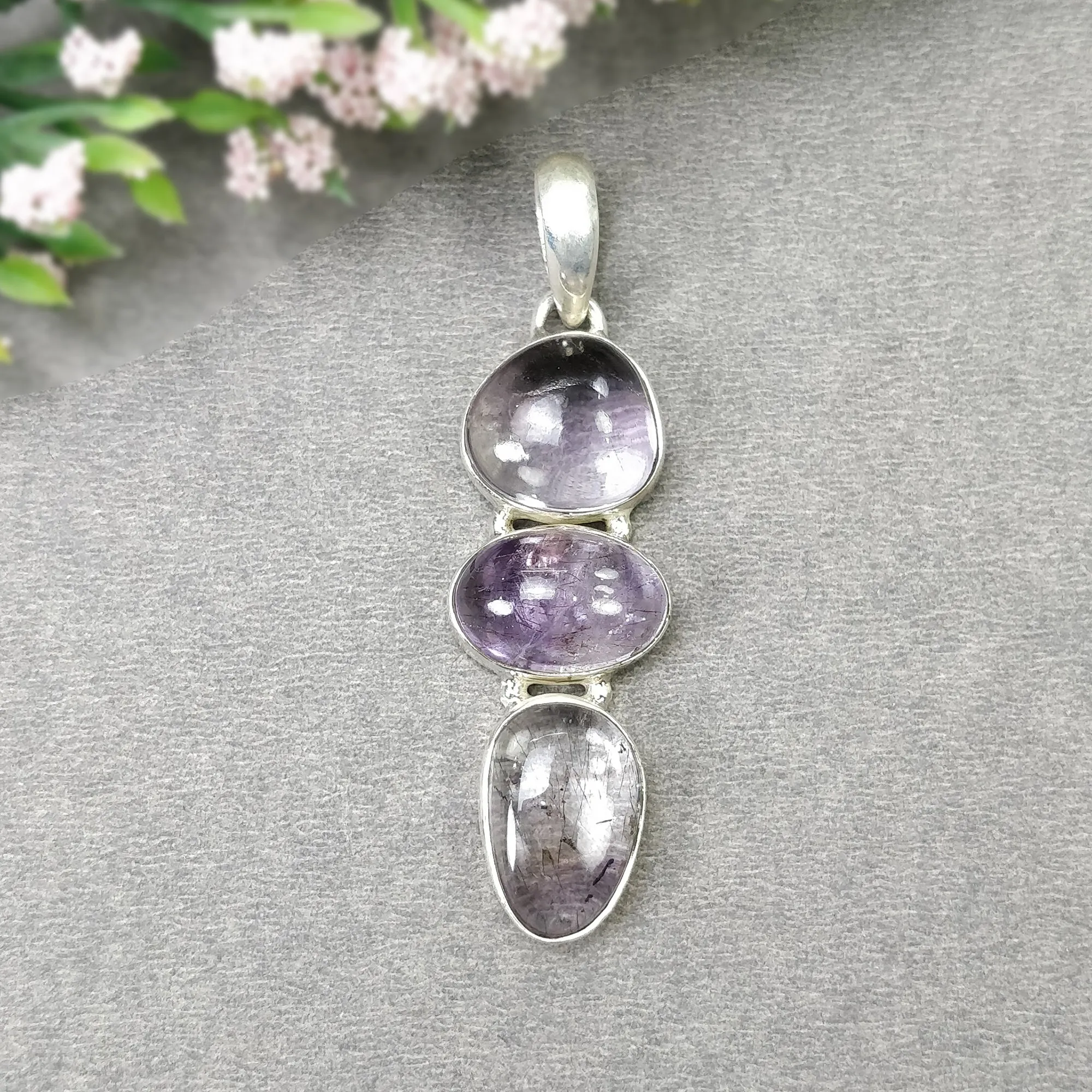 AMETHYST Gemstone 925 Sterling Silver Pendant : 8.37gms Natural Untreated Purple Amethyst Cabochon Long Bezel Set Pendant 2"