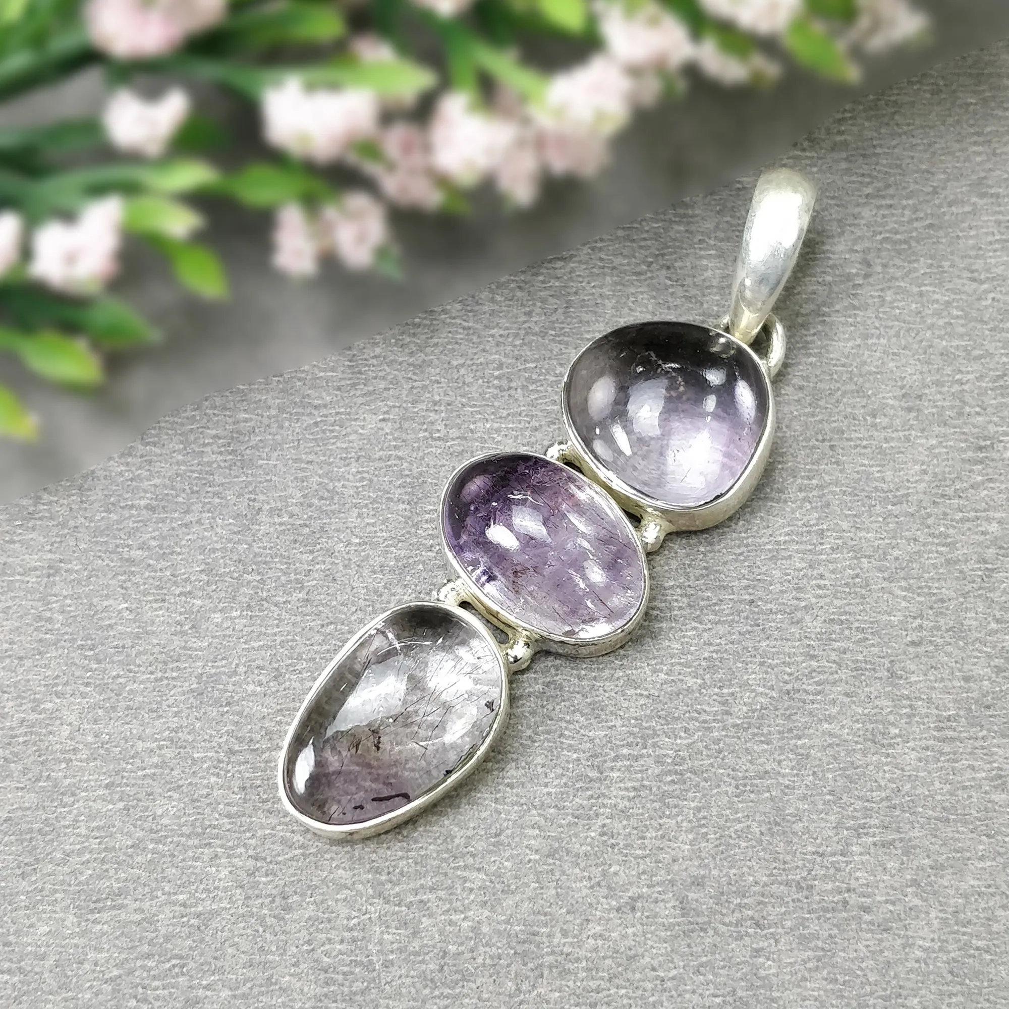 AMETHYST Gemstone 925 Sterling Silver Pendant : 8.37gms Natural Untreated Purple Amethyst Cabochon Long Bezel Set Pendant 2"