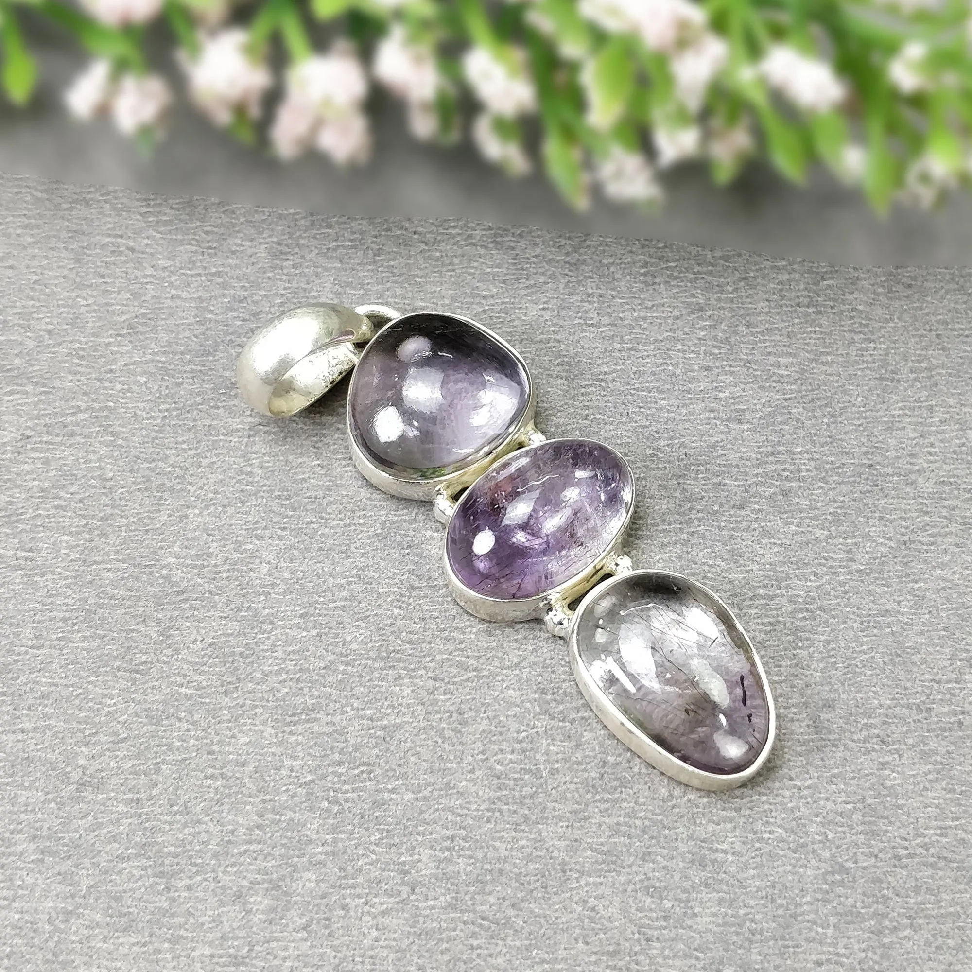 AMETHYST Gemstone 925 Sterling Silver Pendant : 8.37gms Natural Untreated Purple Amethyst Cabochon Long Bezel Set Pendant 2"