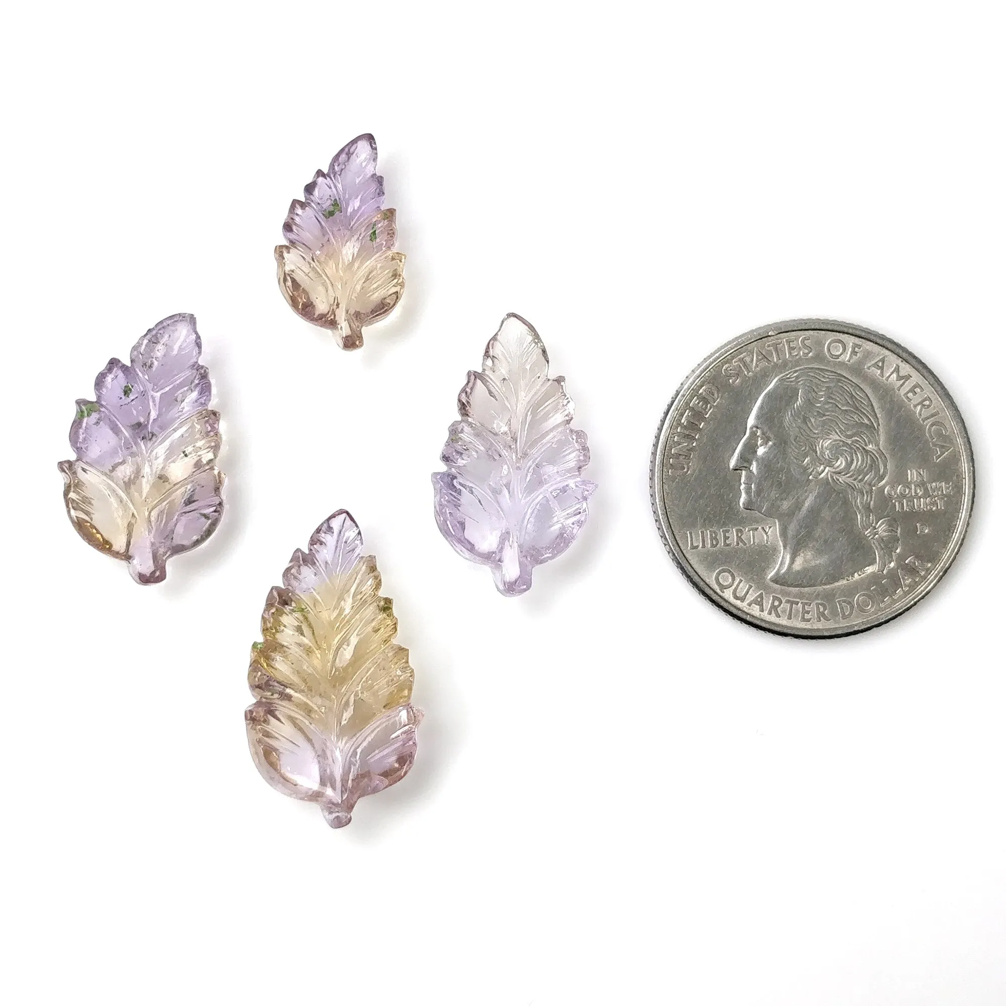 AMETRINE Gemstone Carving : 25.65cts Natural Untreated Yellow Purple Ametrine Hand Carved Leaves 16.5*10mm - 23*13mm 4pcs