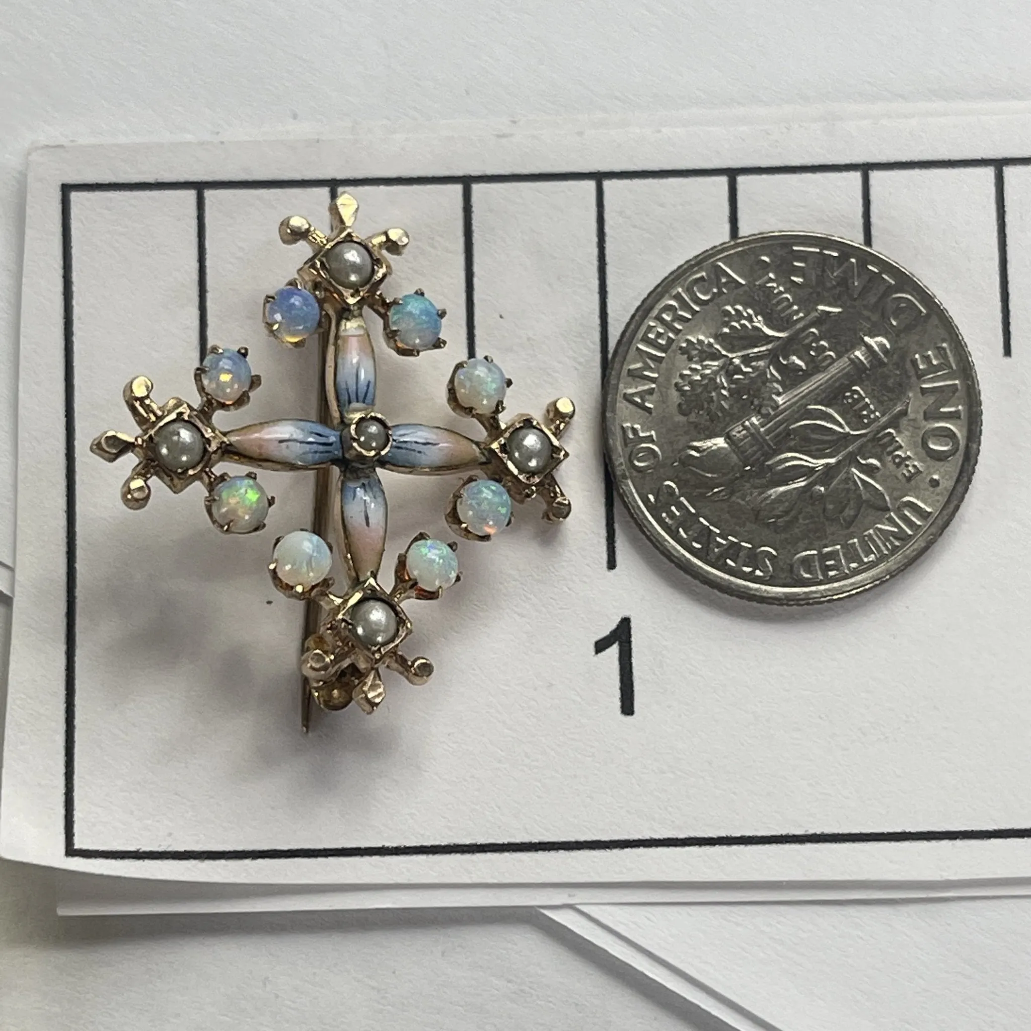 Antique Opal and Enamel Pendant or Brooch in 14k Yellow Gold Floral Design. Perfect Something Old.