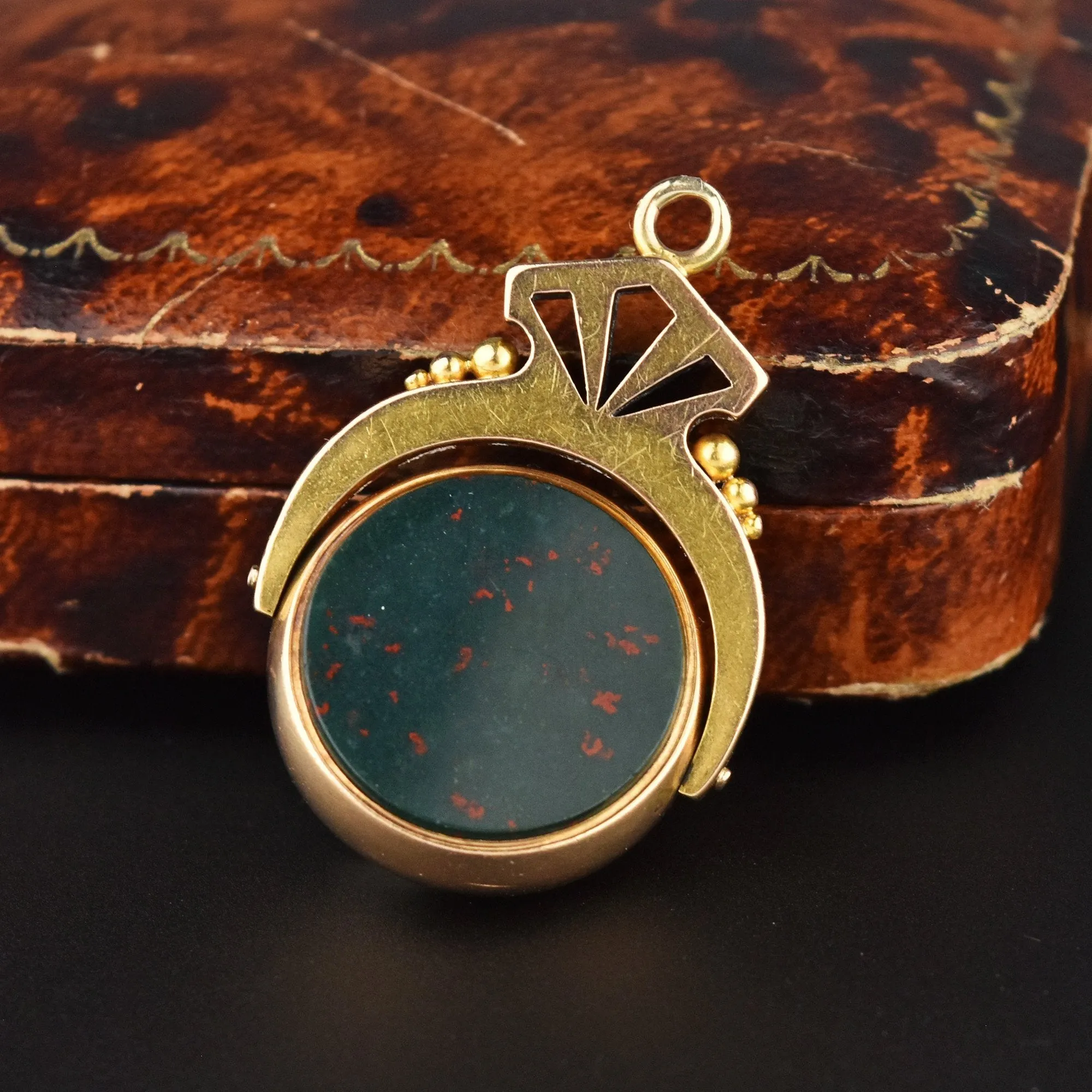 Antique Victorian 15K Gold Spinner Watch Fob, Bloodstone Carnelian