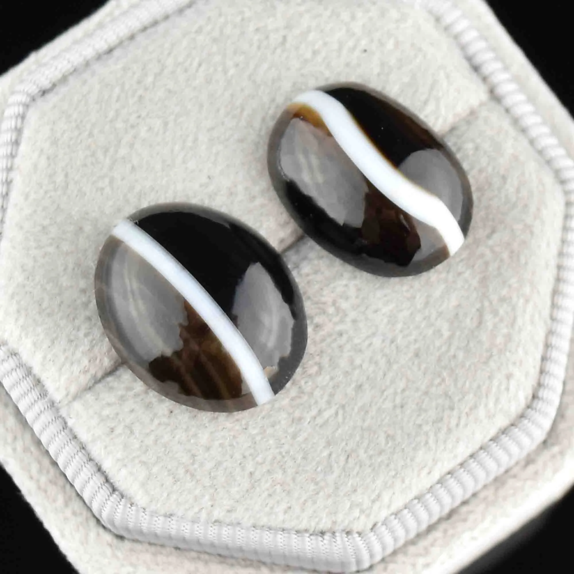 Antique Victorian Silver Banded Agate Stud Earrings