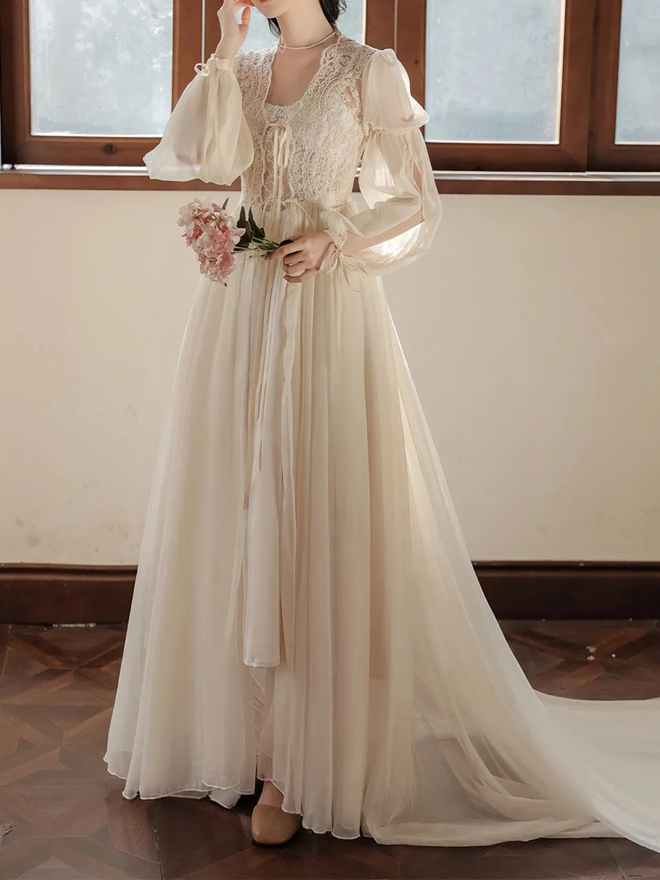 Apricot Lace Lantern Sleeves Romantic Wedding Dress with Tail Inspired By Sleeping Beauty