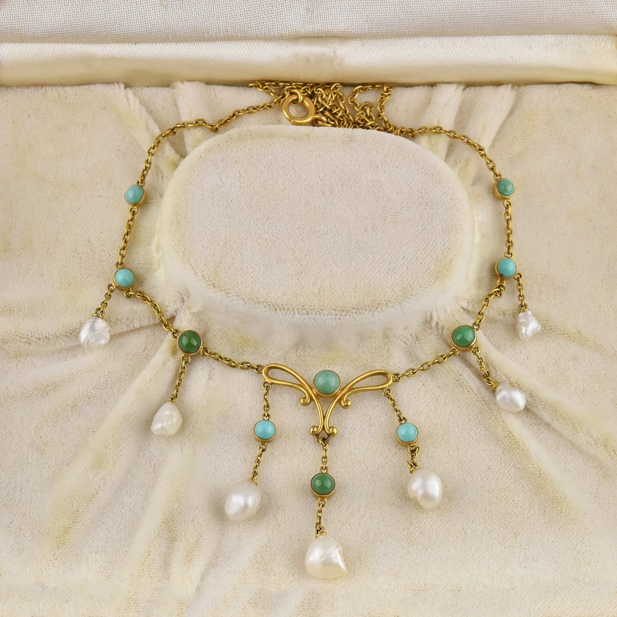 Art Nouveau 14K Gold Turquoise Natural Pearl Necklace