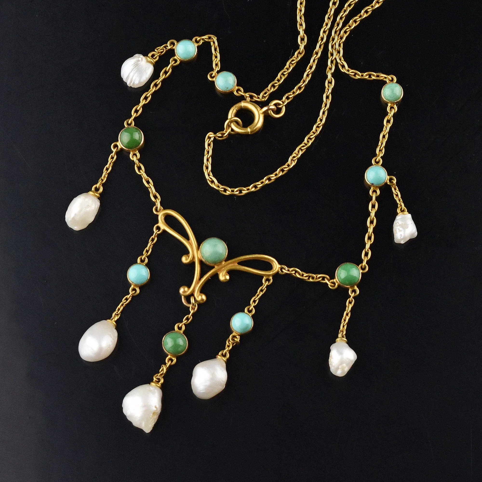 Art Nouveau 14K Gold Turquoise Natural Pearl Necklace