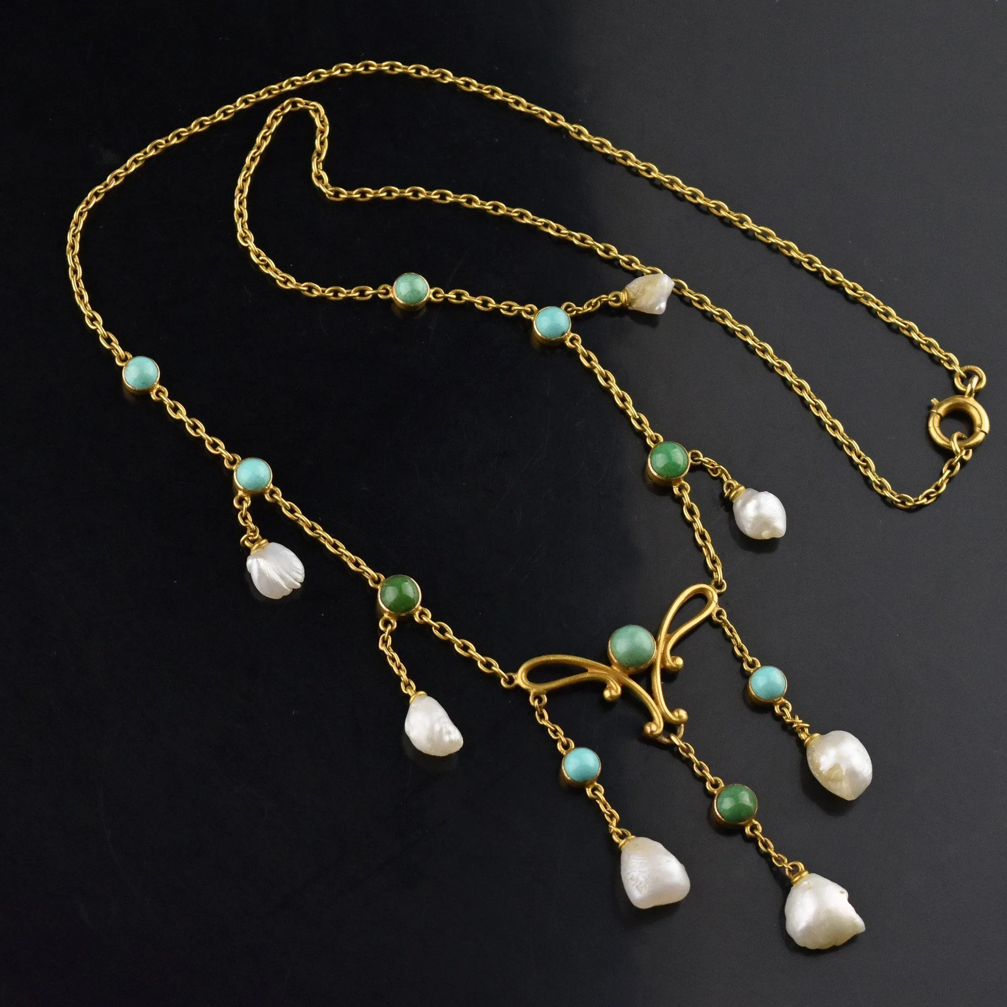 Art Nouveau 14K Gold Turquoise Natural Pearl Necklace