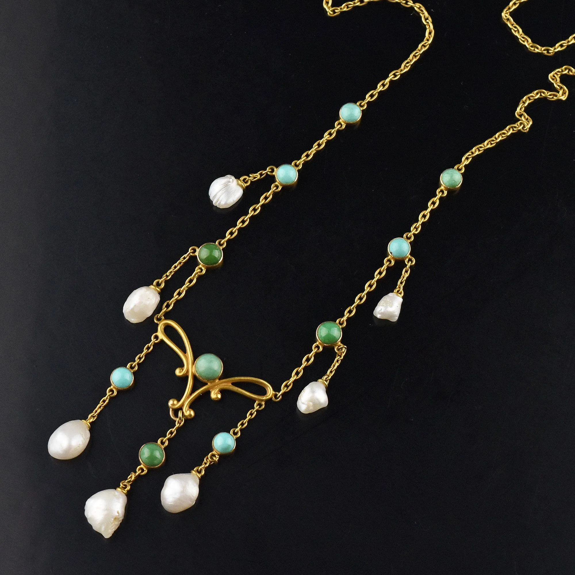 Art Nouveau 14K Gold Turquoise Natural Pearl Necklace