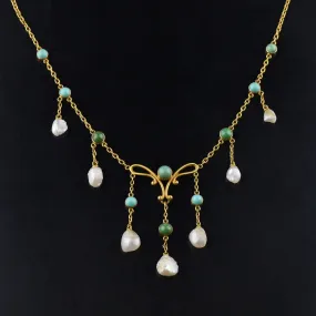 Art Nouveau 14K Gold Turquoise Natural Pearl Necklace