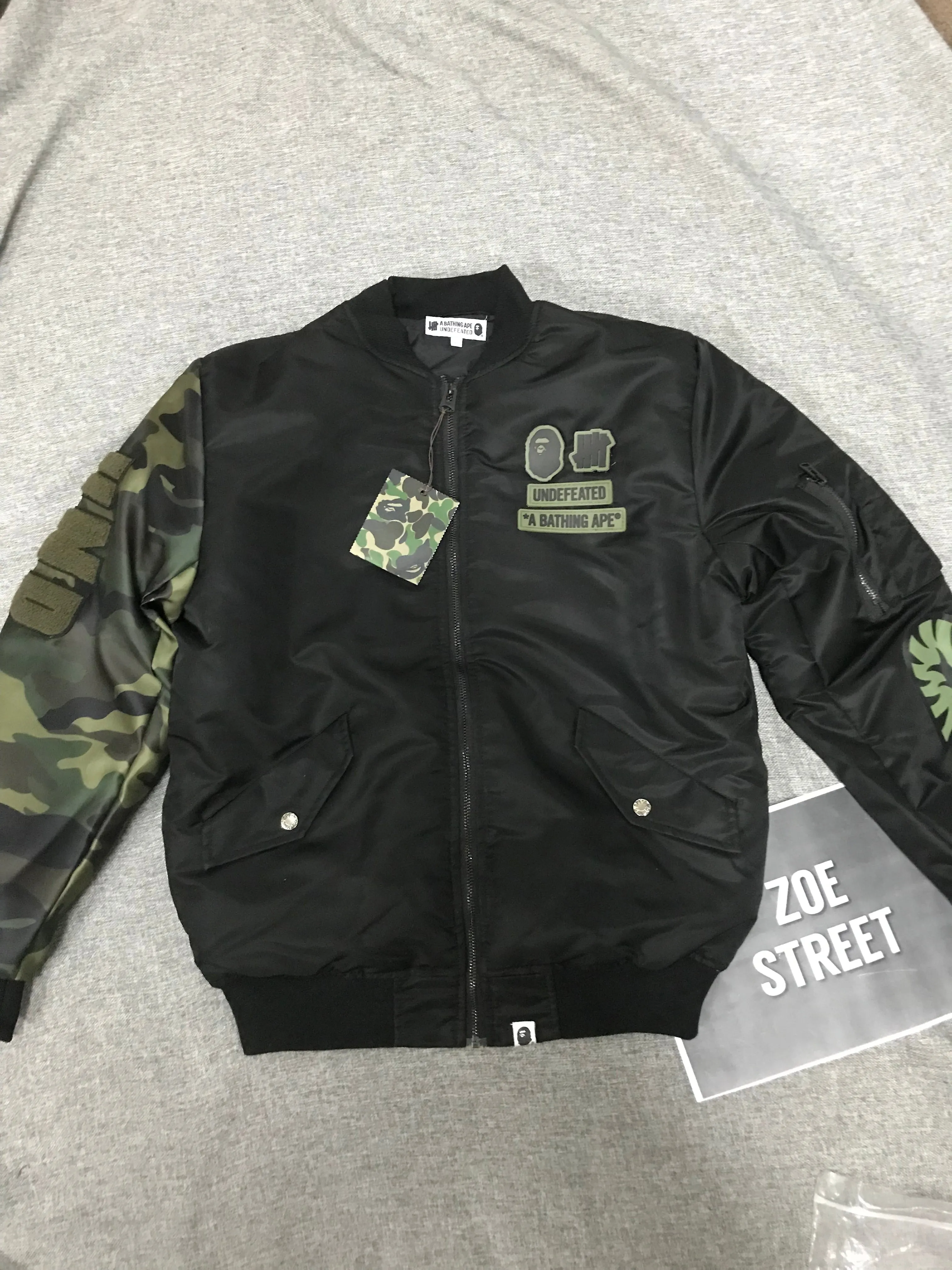 BAPE Undefeated Woodland Camo Sleeve Capsule Shark MA1 Bomber Flight Jacket Black/Green