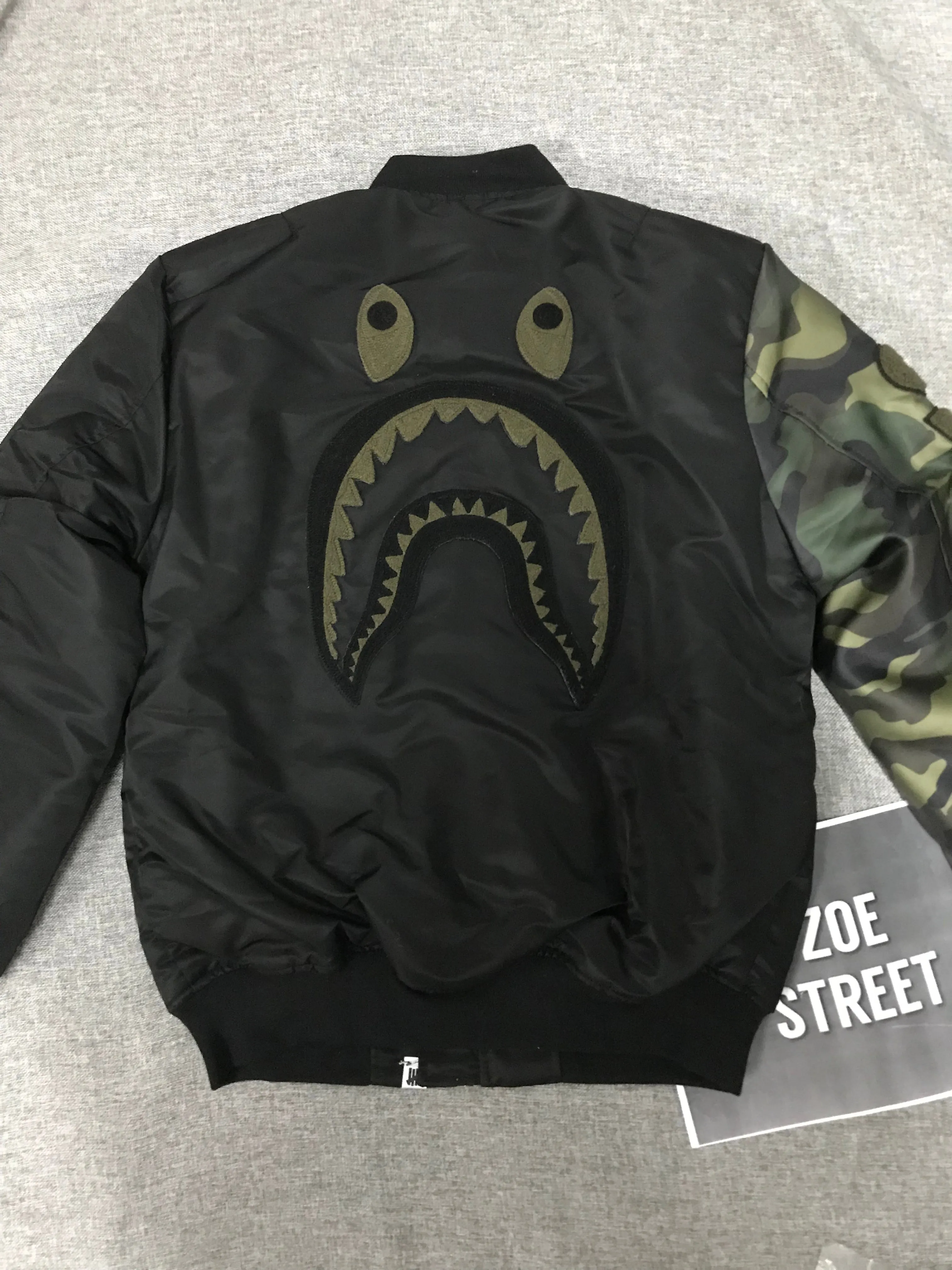 BAPE Undefeated Woodland Camo Sleeve Capsule Shark MA1 Bomber Flight Jacket Black/Green