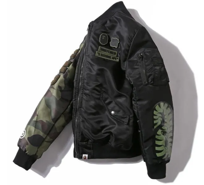 BAPE Undefeated Woodland Camo Sleeve Capsule Shark MA1 Bomber Flight Jacket Black/Green