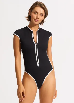 Beach Bound Cap Sleeve Zip Front One Piece - Black