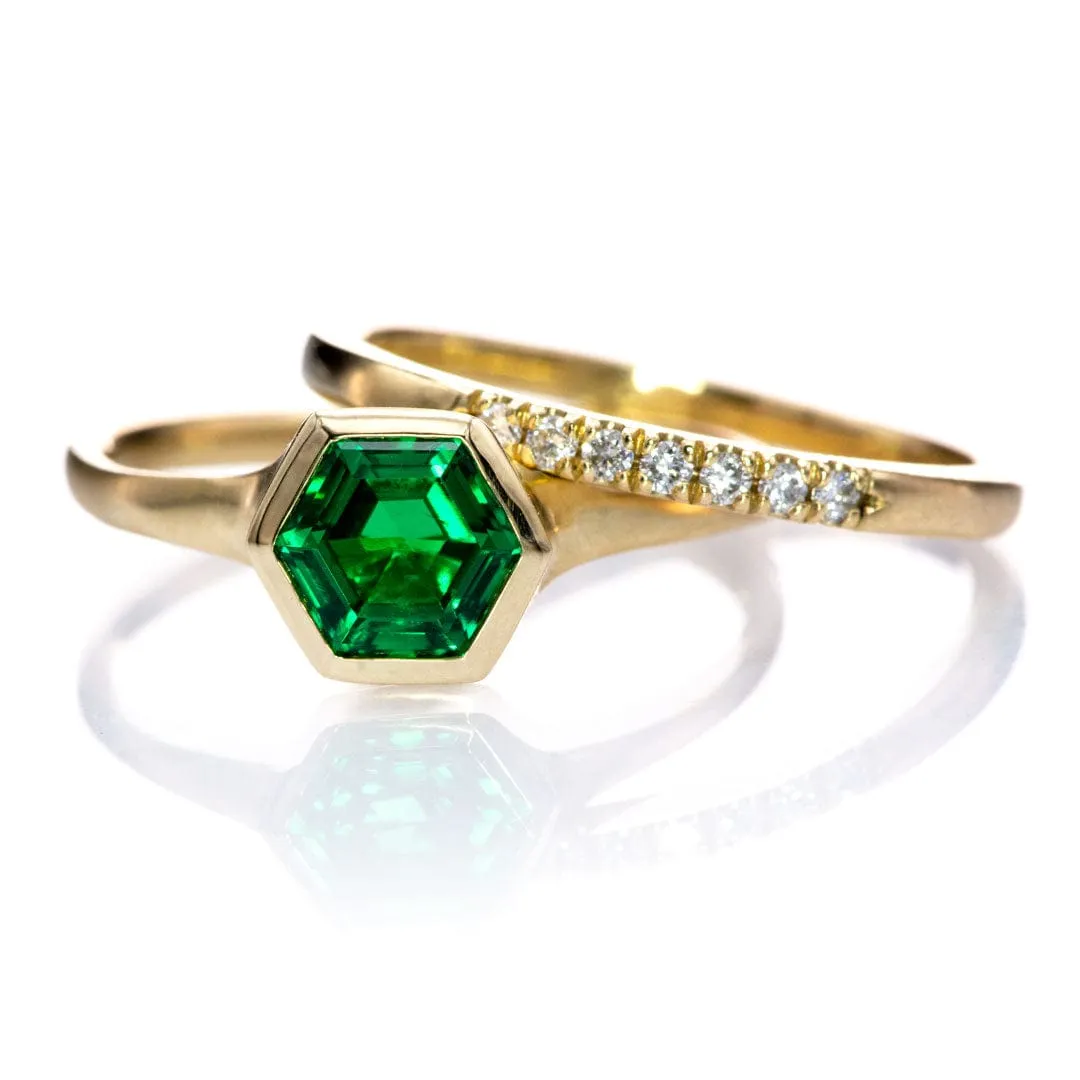 Bezel Set Hexagon Emerald 14k Yellow Gold Signet Solitaire Ring, Ready to Ship