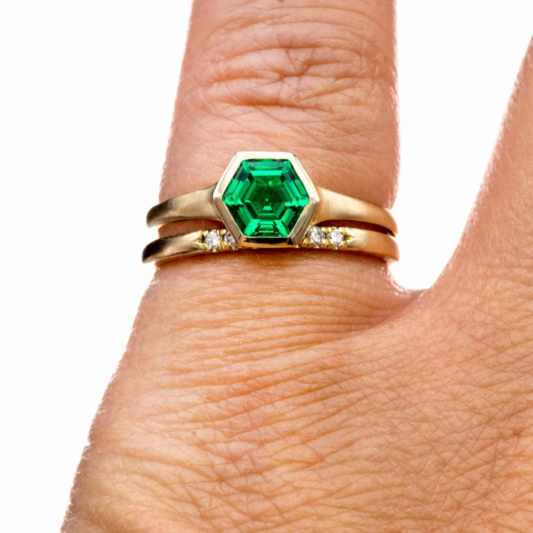 Bezel Set Hexagon Emerald 14k Yellow Gold Signet Solitaire Ring, Ready to Ship