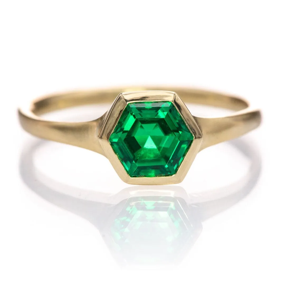 Bezel Set Hexagon Emerald 14k Yellow Gold Signet Solitaire Ring, Ready to Ship