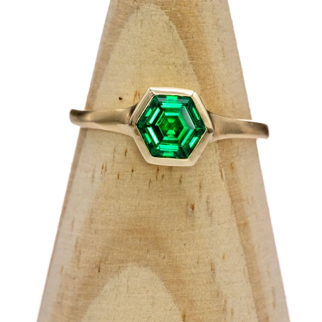 Bezel Set Hexagon Emerald 14k Yellow Gold Signet Solitaire Ring, Ready to Ship