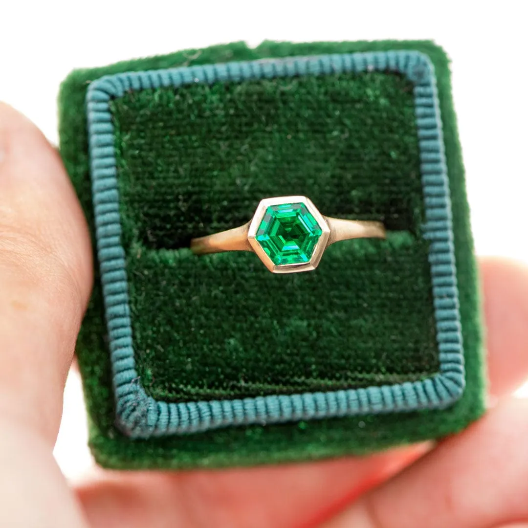 Bezel Set Hexagon Emerald 14k Yellow Gold Signet Solitaire Ring, Ready to Ship