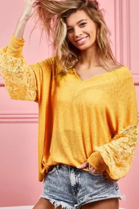 BiBi V-Neck Mesh Lantern Sleeve Top