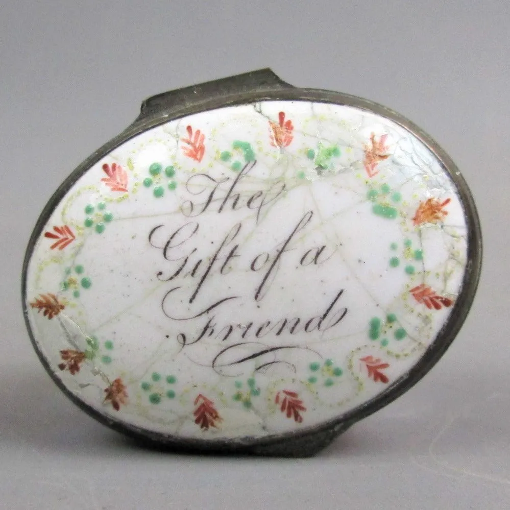 Bilston Enamel 'Gift Of A Friend' Floral Patch Box Antique Georgian c1800