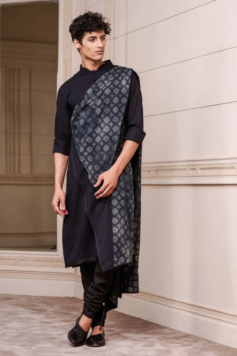 Black Draped Kurta Set with Printed Panel