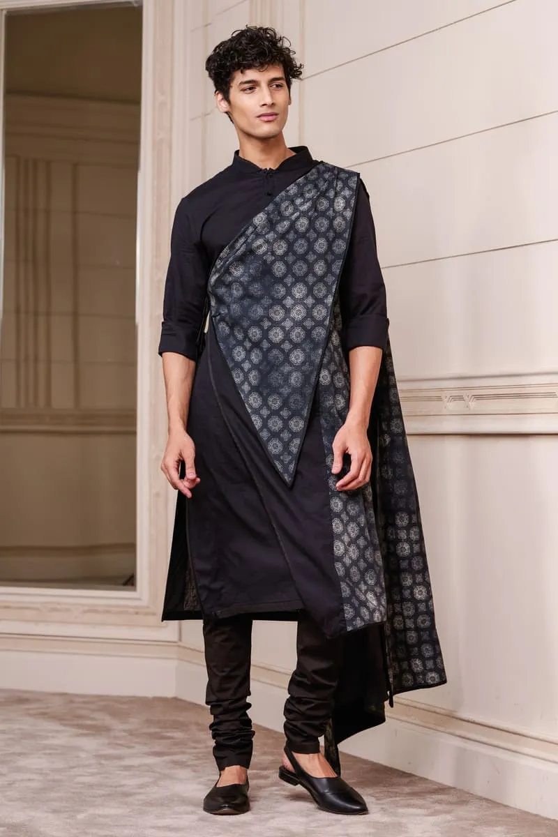 Black Draped Kurta Set with Printed Panel