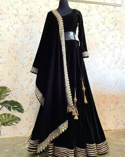 Black Velvet With Gold Sequence Wedding Lehenga Choli Set