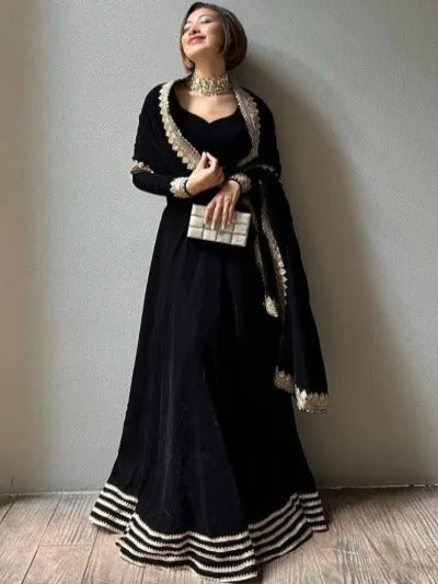 Black Velvet With Gold Sequence Wedding Lehenga Choli Set