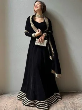 Black Velvet With Gold Sequence Wedding Lehenga Choli Set