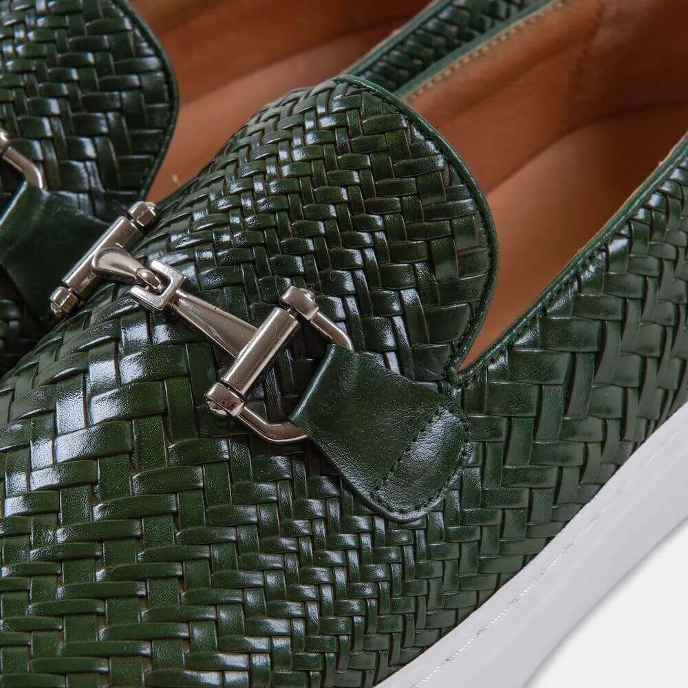 Boardwalk Forest Green Woven Leather Horse-Bit Sneakers