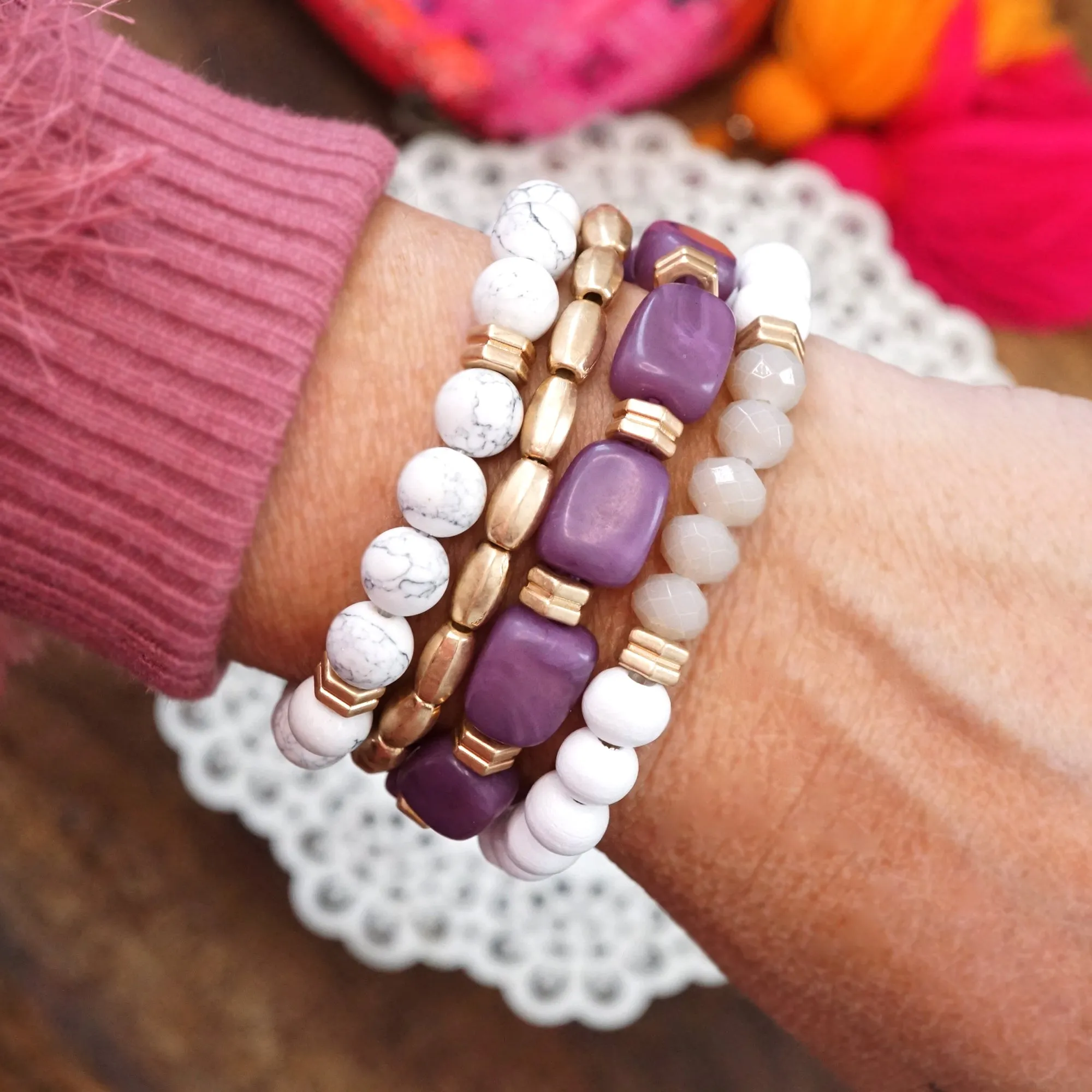 Bracelet Stack of 4 pieces purple and neutrals glass wood and acrylic beads