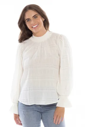 Camino White Textured High Neck LS Top