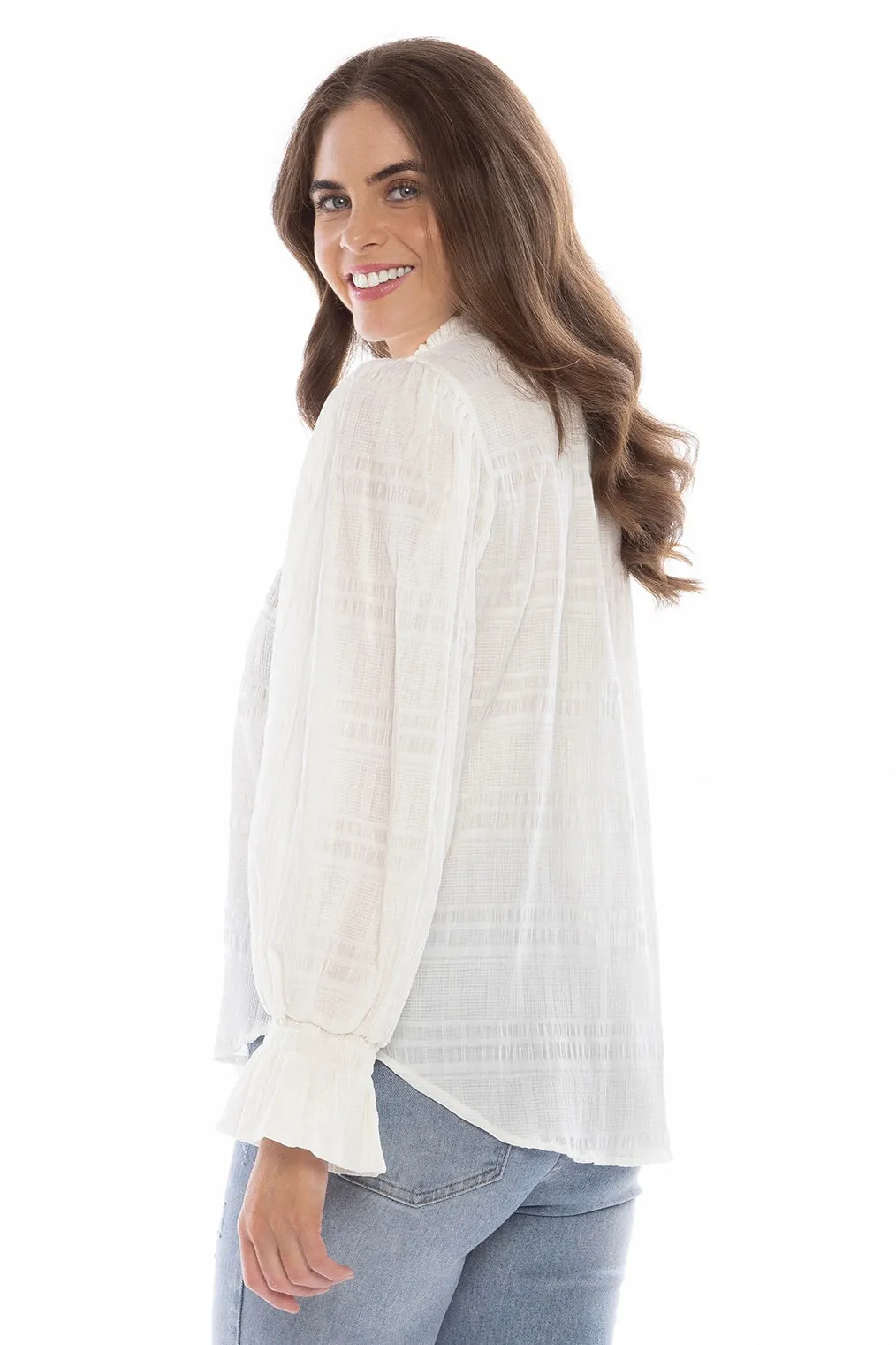 Camino White Textured High Neck LS Top