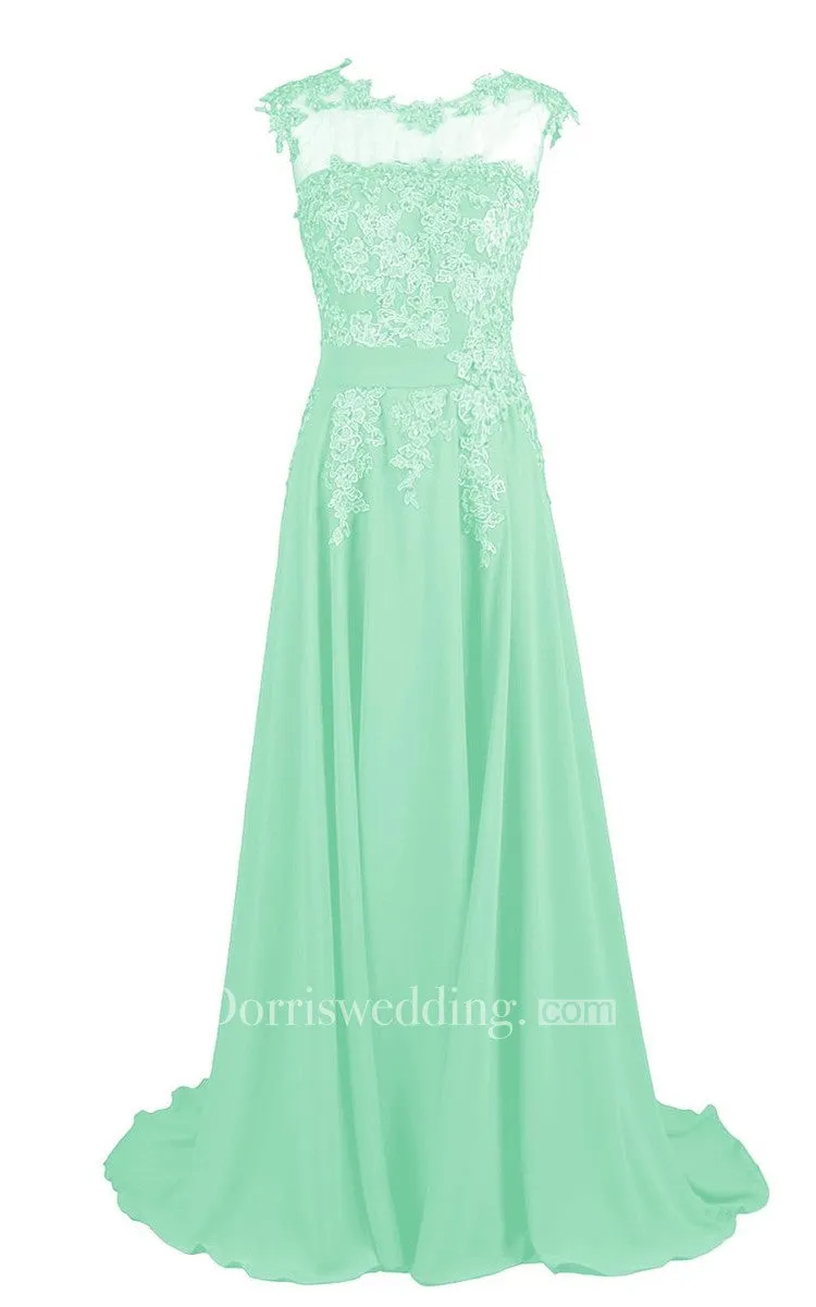 Cap-sleeve Beaded Chiffon A-line Gown With Lace Appliques