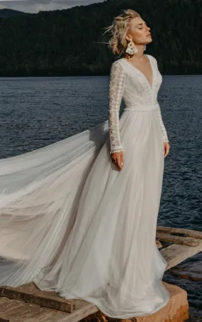 Casual A-Line Tulle Wedding Dress With Illusion Long Sleeves And Open Back-716437