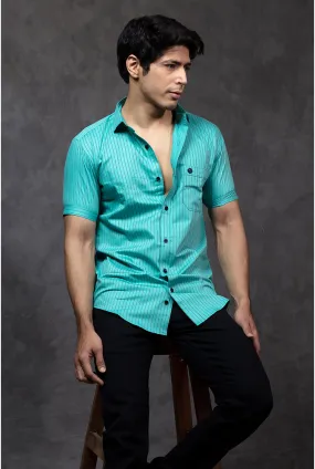 Casual Half Sleeve Shirts - Men Casual Mint Green Lining Shirt