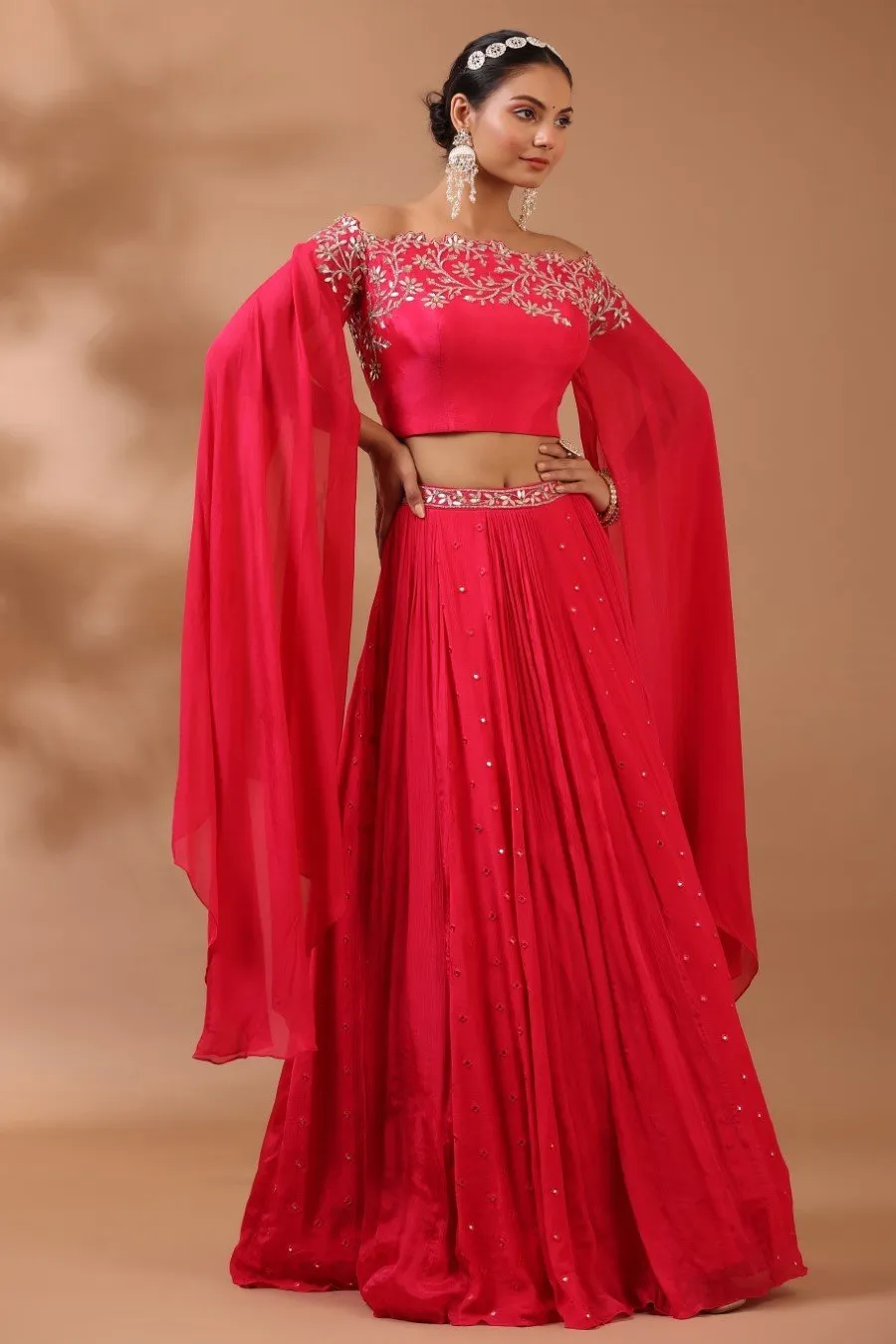 Cerise Pink Embroidered Indo Lehenga Set