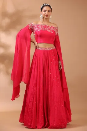 Cerise Pink Embroidered Indo Lehenga Set