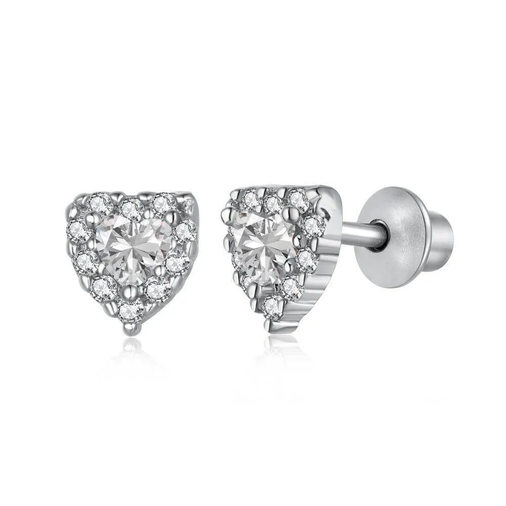 Children's Sterling Silver Tiny CZ Heart Baby Screw Back Earrings