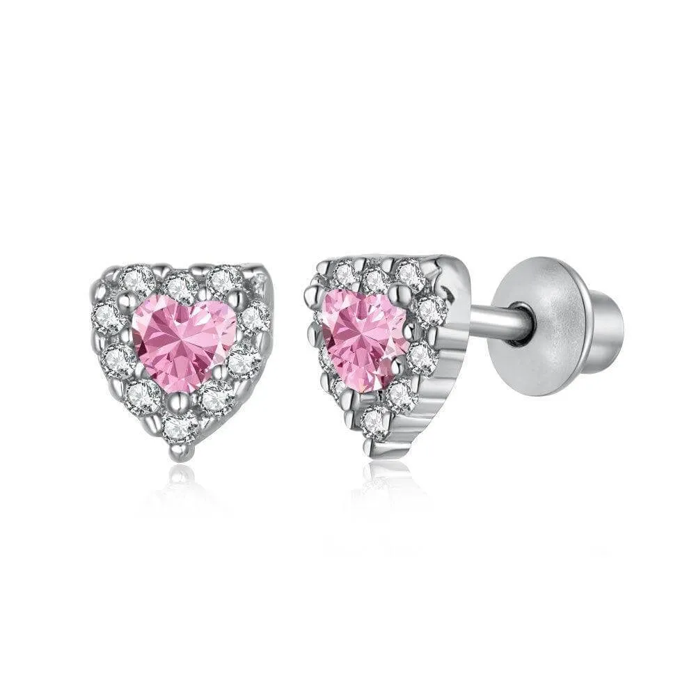 Children's Sterling Silver Tiny CZ Heart Baby Screw Back Earrings