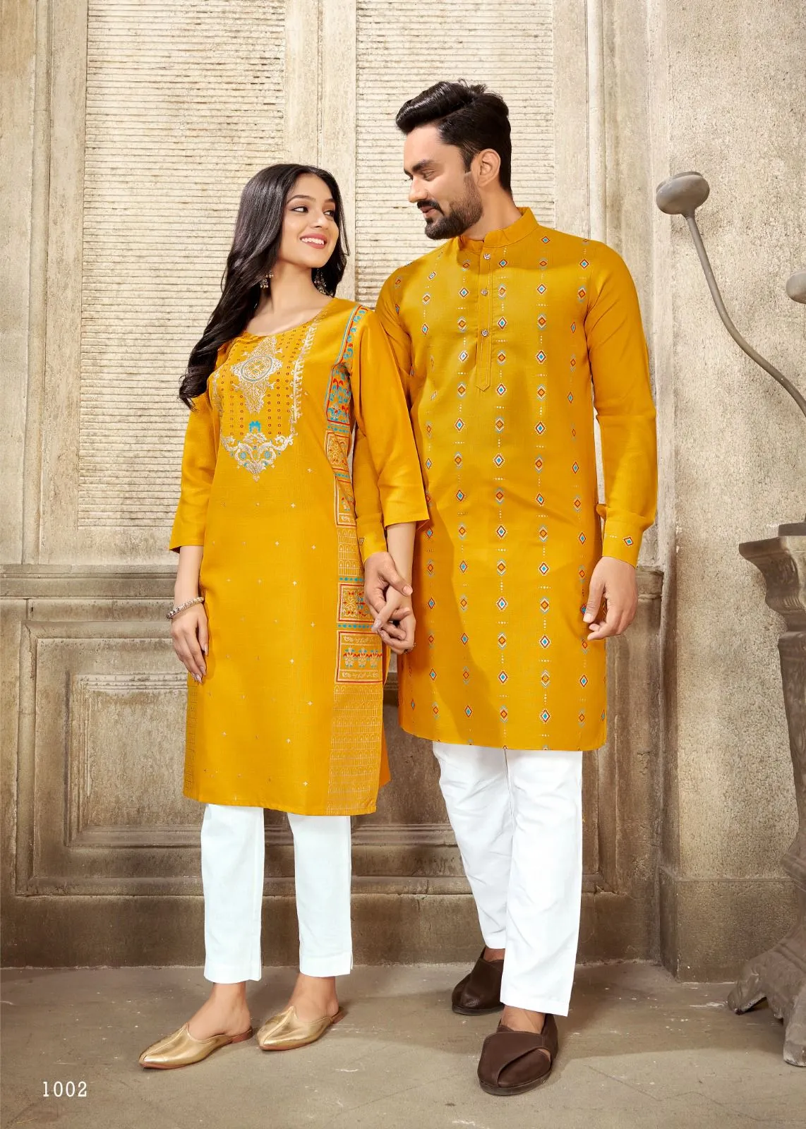 Couple Wear Cotton Traditional Indian Yellow Same Matching Outfits Set