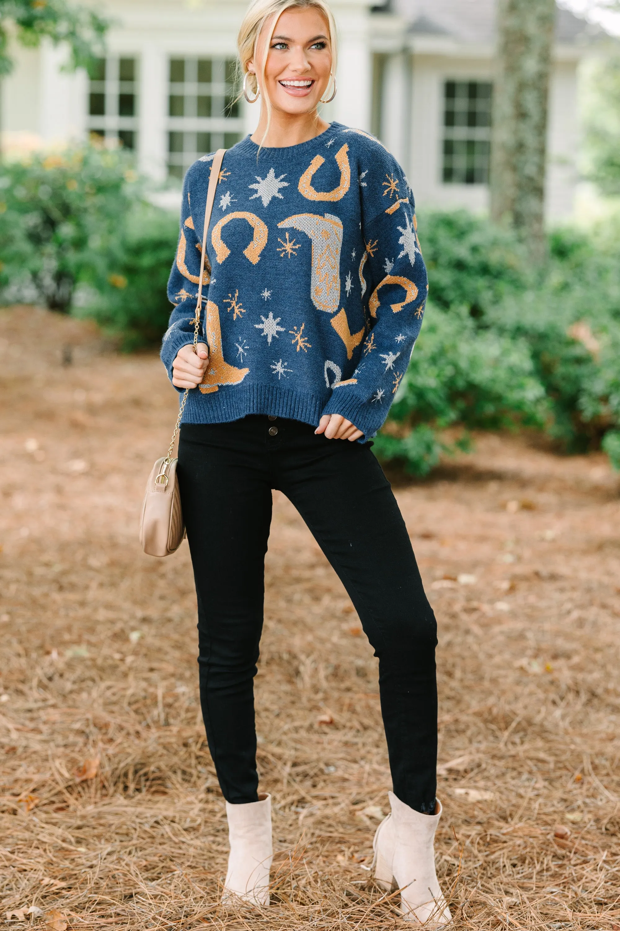 Cowboy Craze Navy Blue Printed Sweater