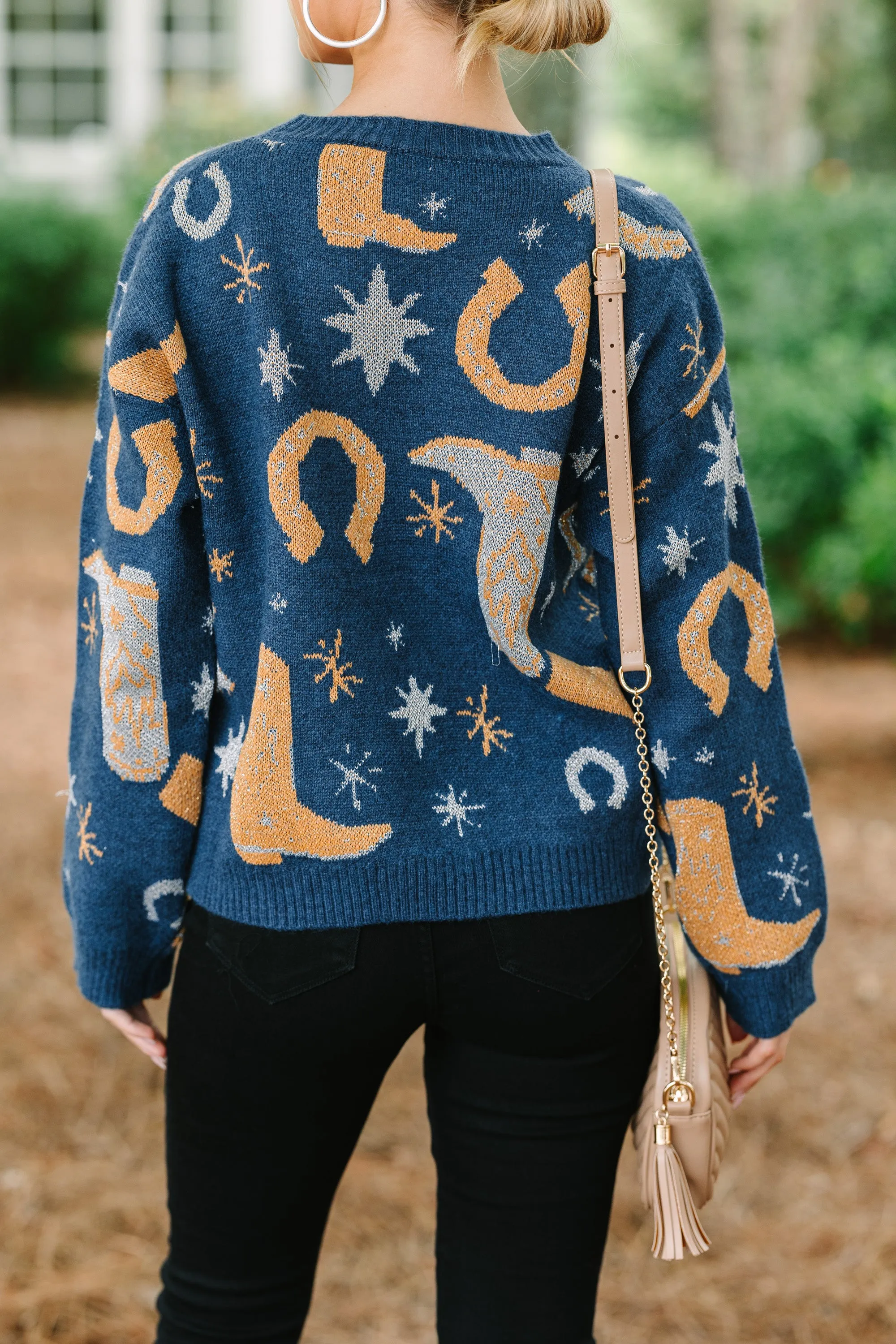 Cowboy Craze Navy Blue Printed Sweater