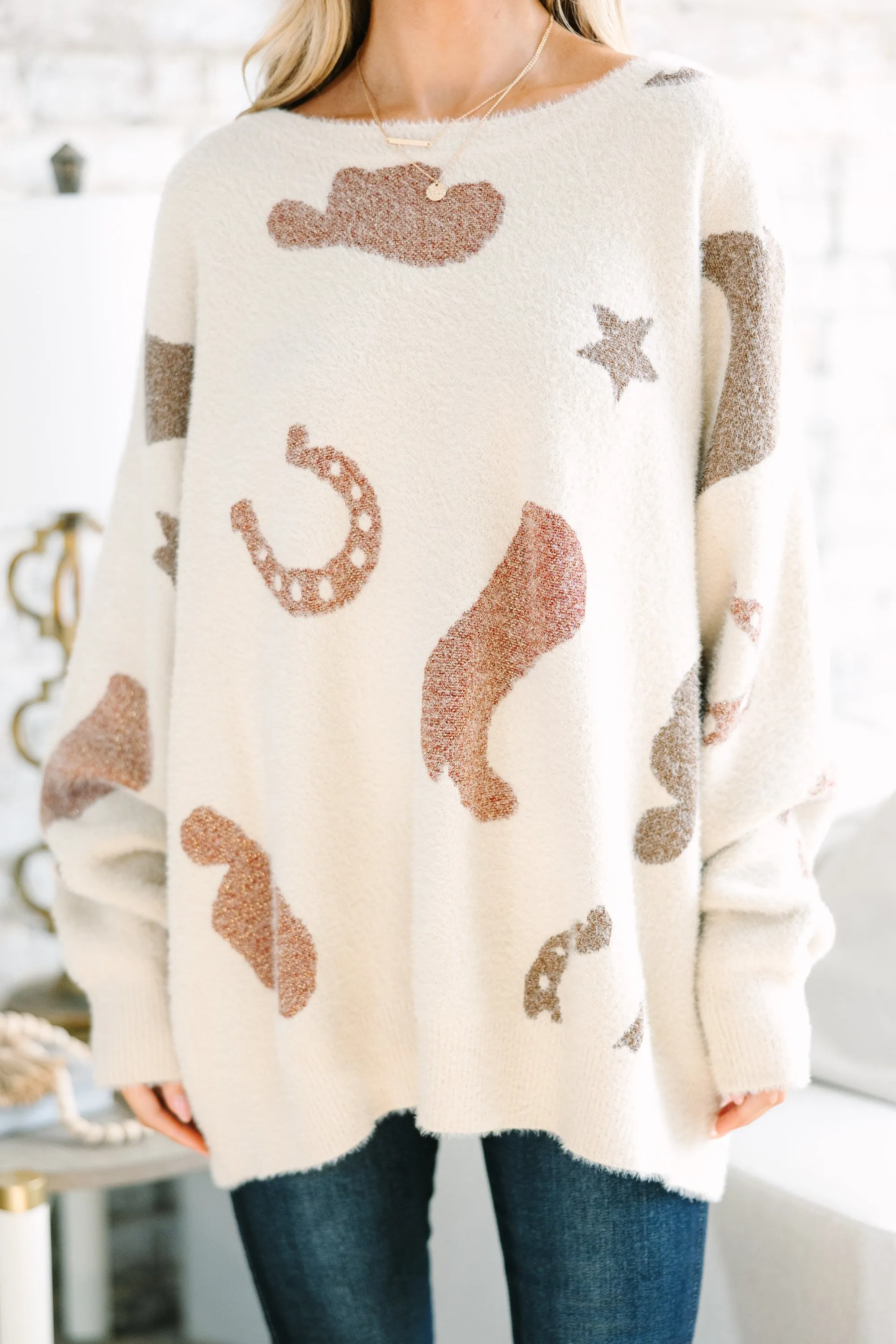 Cowboy Up Cream White Western Printed Sweater