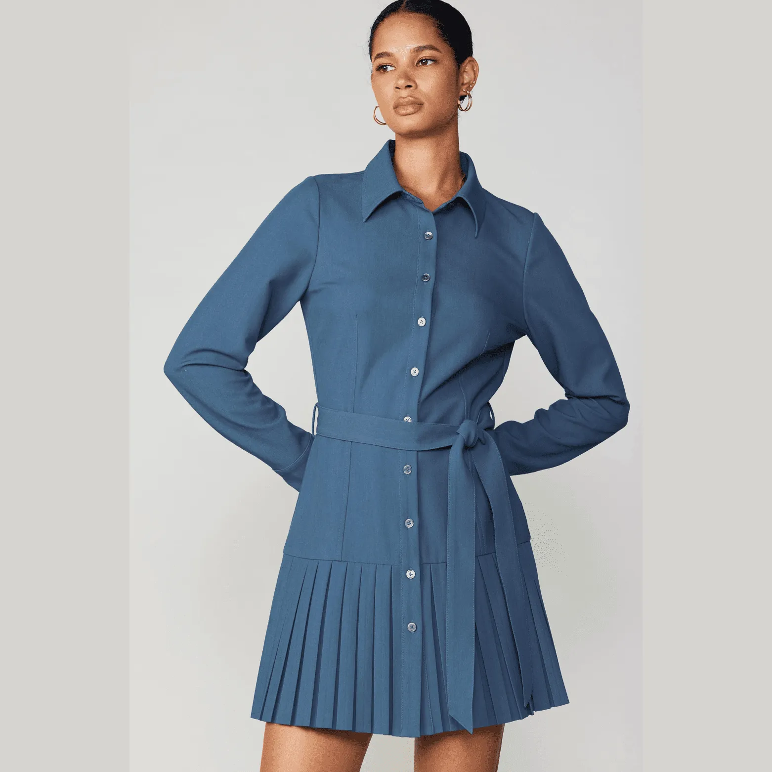 Current Air Pleated Button Down Shirt Dress in Aegean Blue